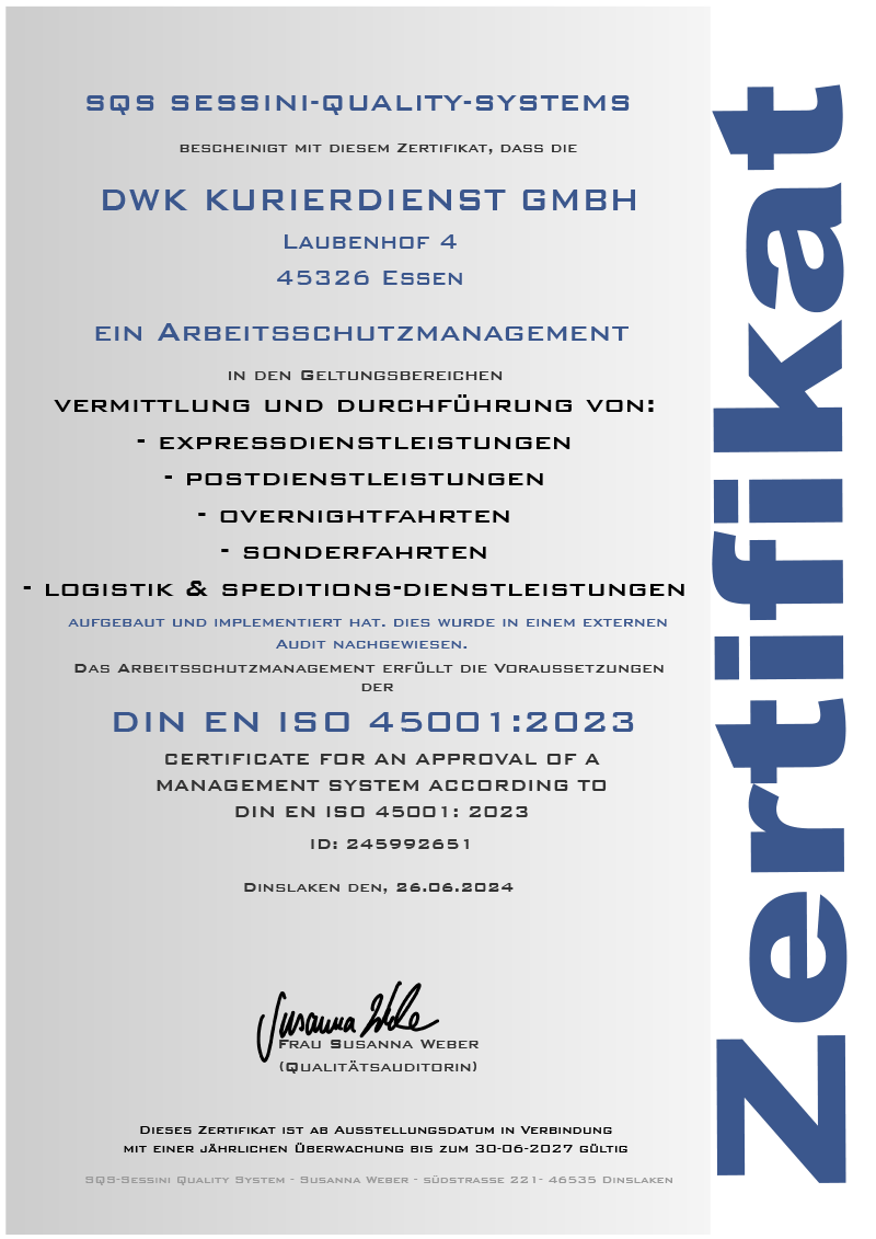 DIN EN ISO 45001:2023 Vermittlung und Durchführung von: - Expressdienstleistungen - Postdienstleistungen - Overnightfahrten - Sonderfahrten - Logistik & Speditionsdienstleistungen